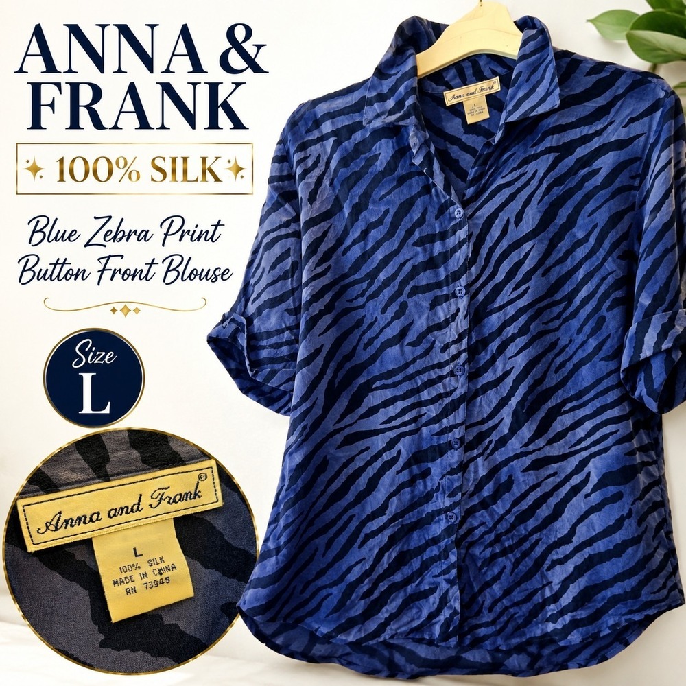 Anna and Frank 100% Silk Zebra Print Button Front Blouse Womens Large Blue Black